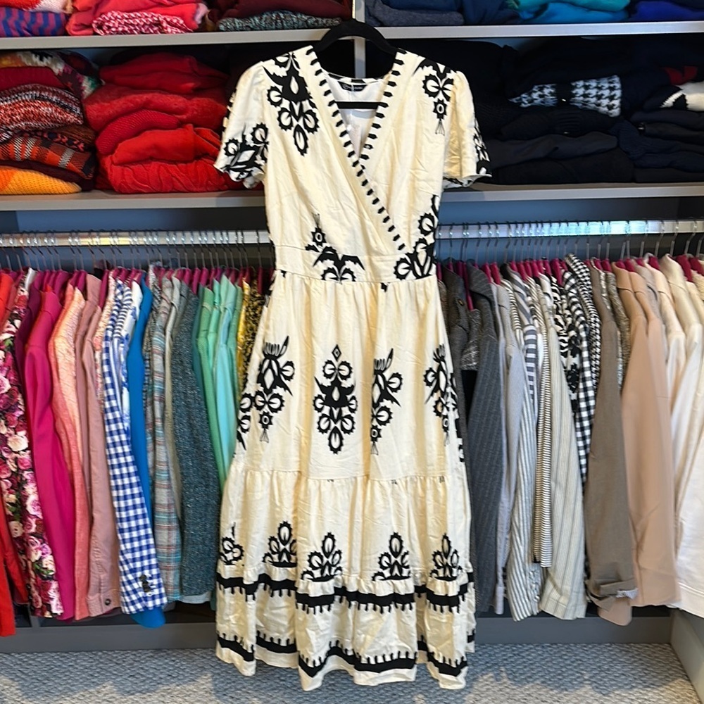 Pretty Garden cream/black print elastic waistband v neck lined maxi dress S NWT